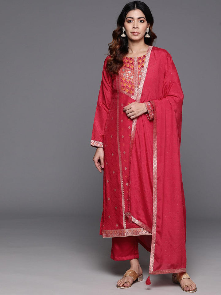 Pink Woven Design Silk Blend Straight Kurta With Trousers & Dupatta - ShopLibas