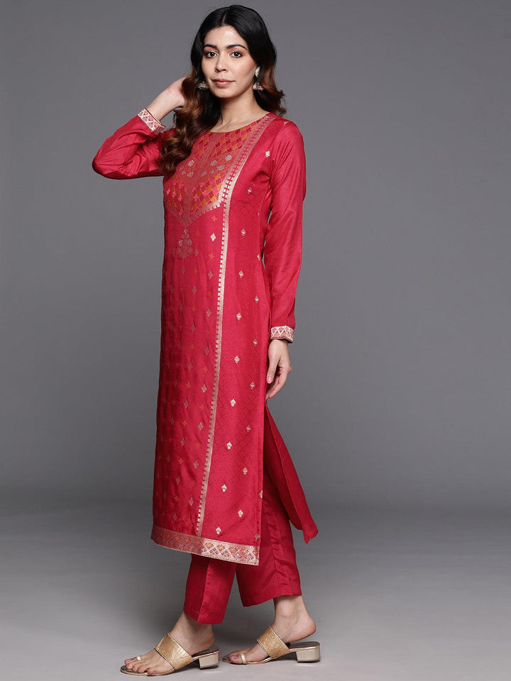 Pink Woven Design Silk Blend Straight Kurta With Trousers & Dupatta - ShopLibas