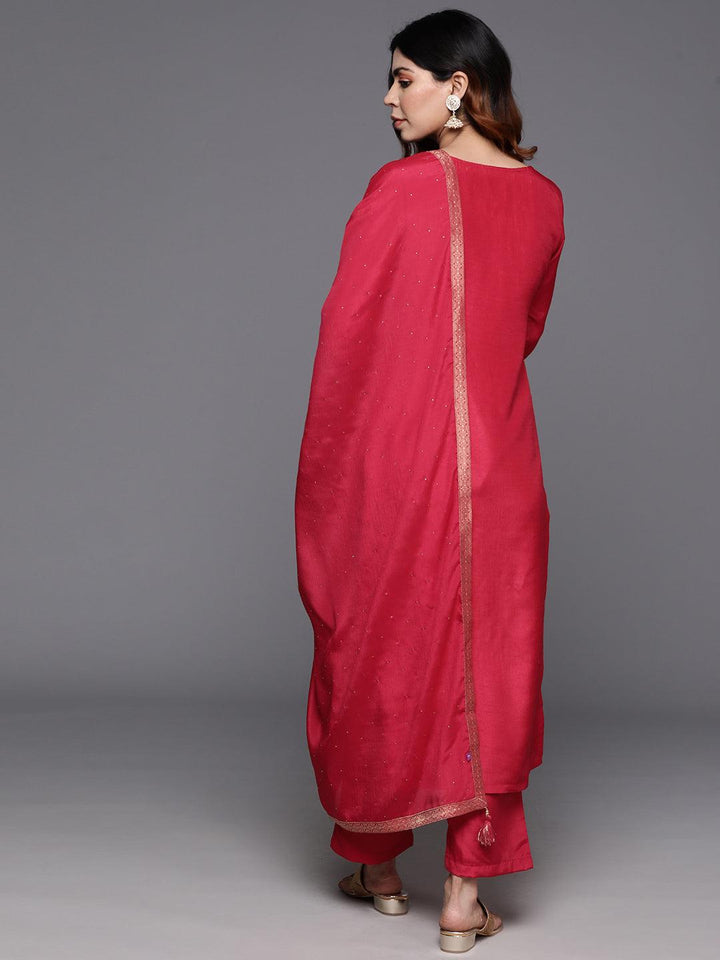 Pink Woven Design Silk Blend Straight Kurta With Trousers & Dupatta - ShopLibas