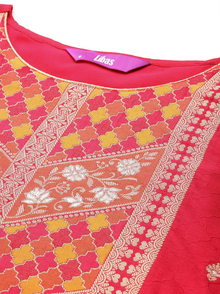 Pink Woven Design Silk Blend Straight Kurta With Trousers & Dupatta - ShopLibas