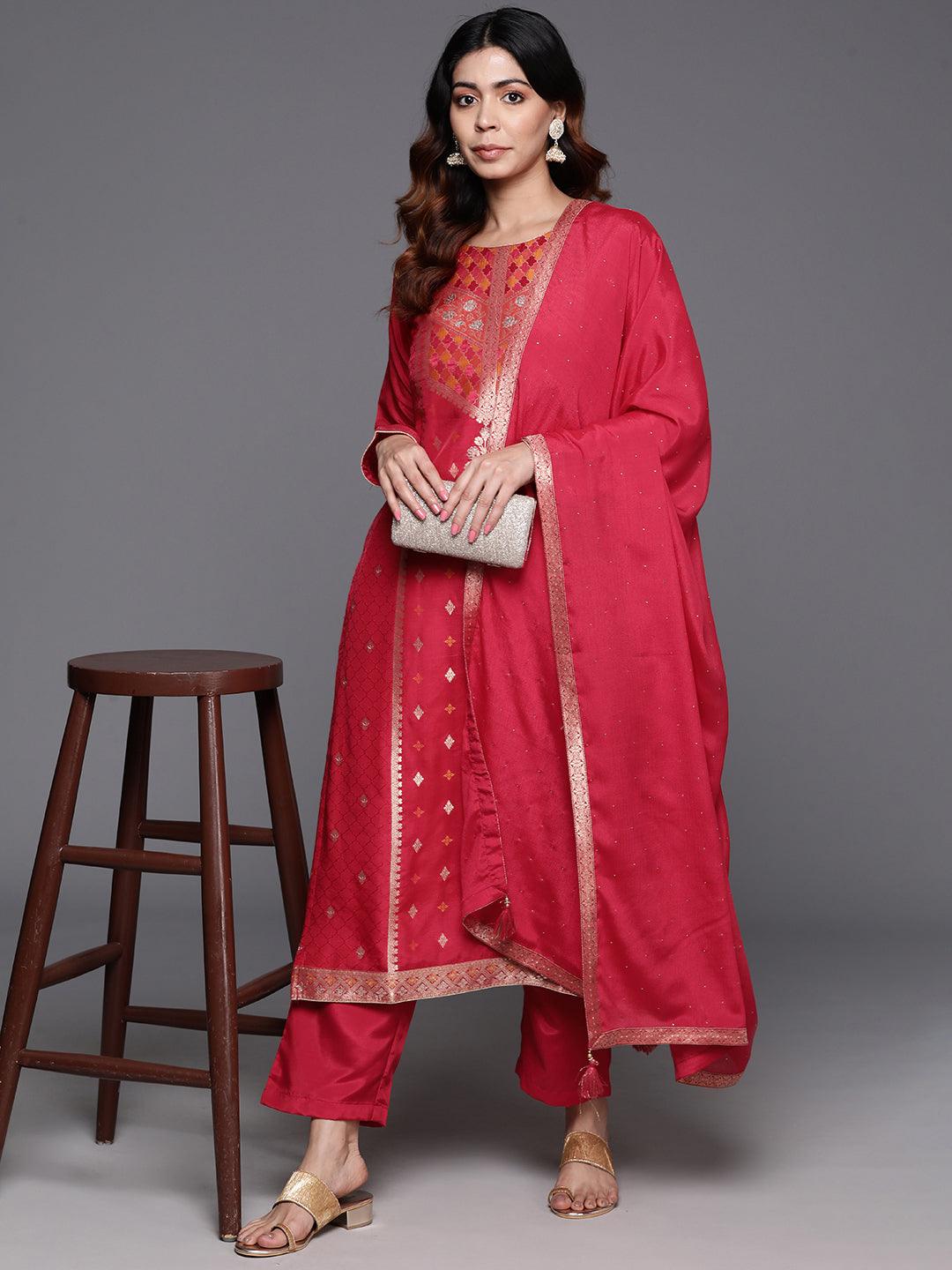 Pink Woven Design Silk Blend Straight Kurta With Trousers & Dupatta - ShopLibas