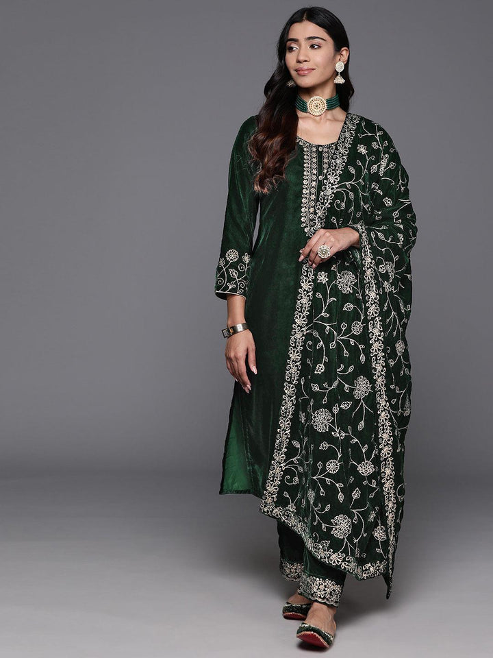 Green Yoke Design Velvet Straight Kurta With Palazzos & Dupatta - ShopLibas