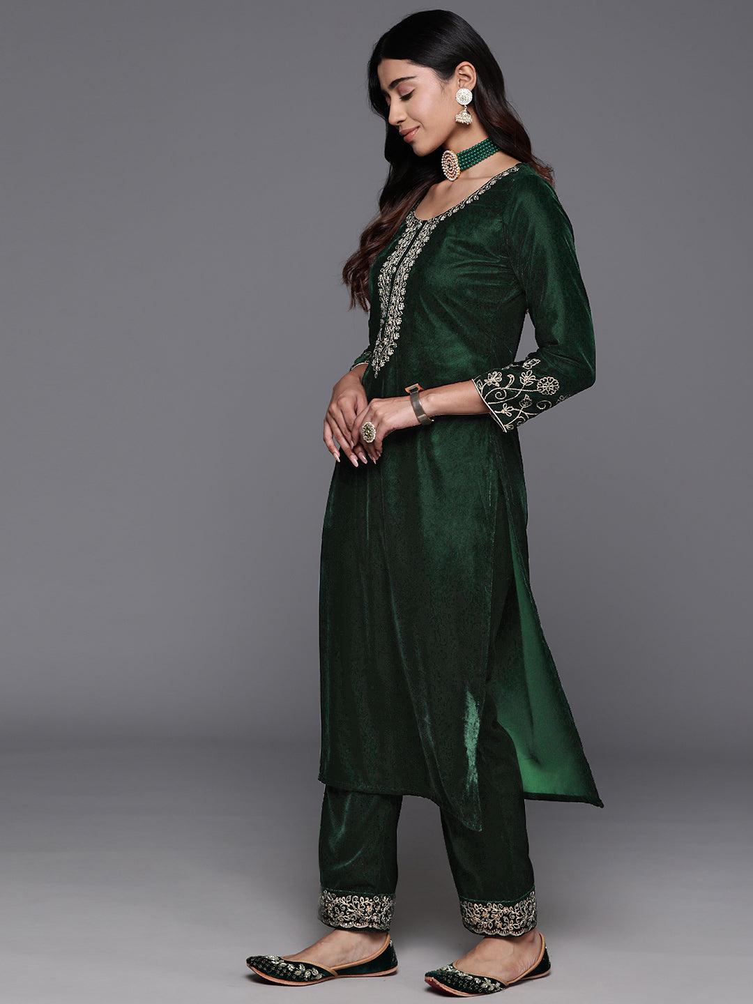 Green Yoke Design Velvet Straight Kurta With Palazzos & Dupatta - ShopLibas