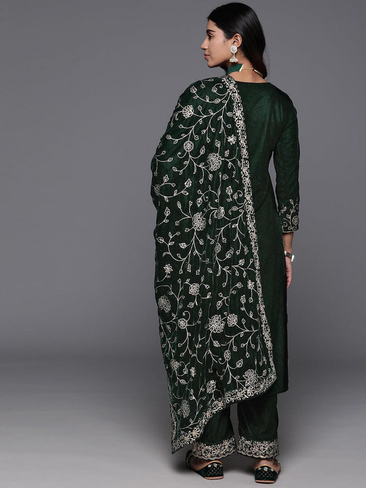 Green Yoke Design Velvet Straight Kurta With Palazzos & Dupatta - ShopLibas