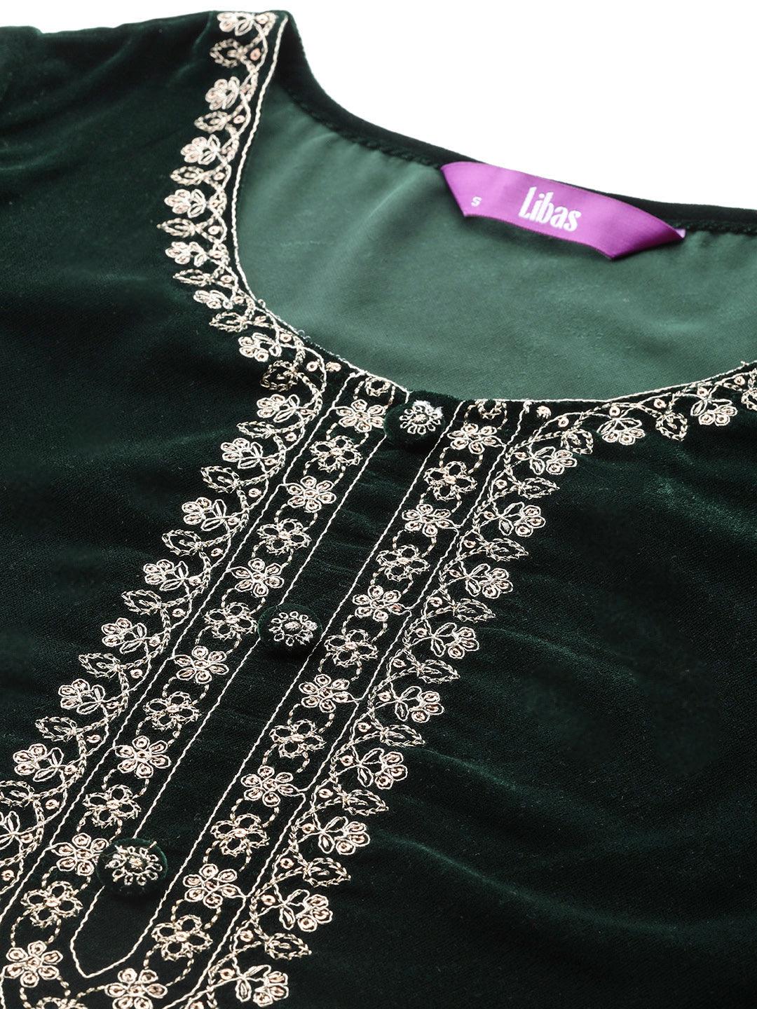 Green Yoke Design Velvet Straight Kurta With Palazzos & Dupatta - ShopLibas