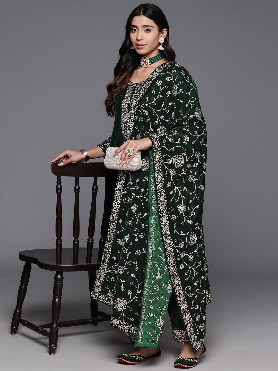 Green Yoke Design Velvet Straight Kurta With Palazzos & Dupatta - ShopLibas