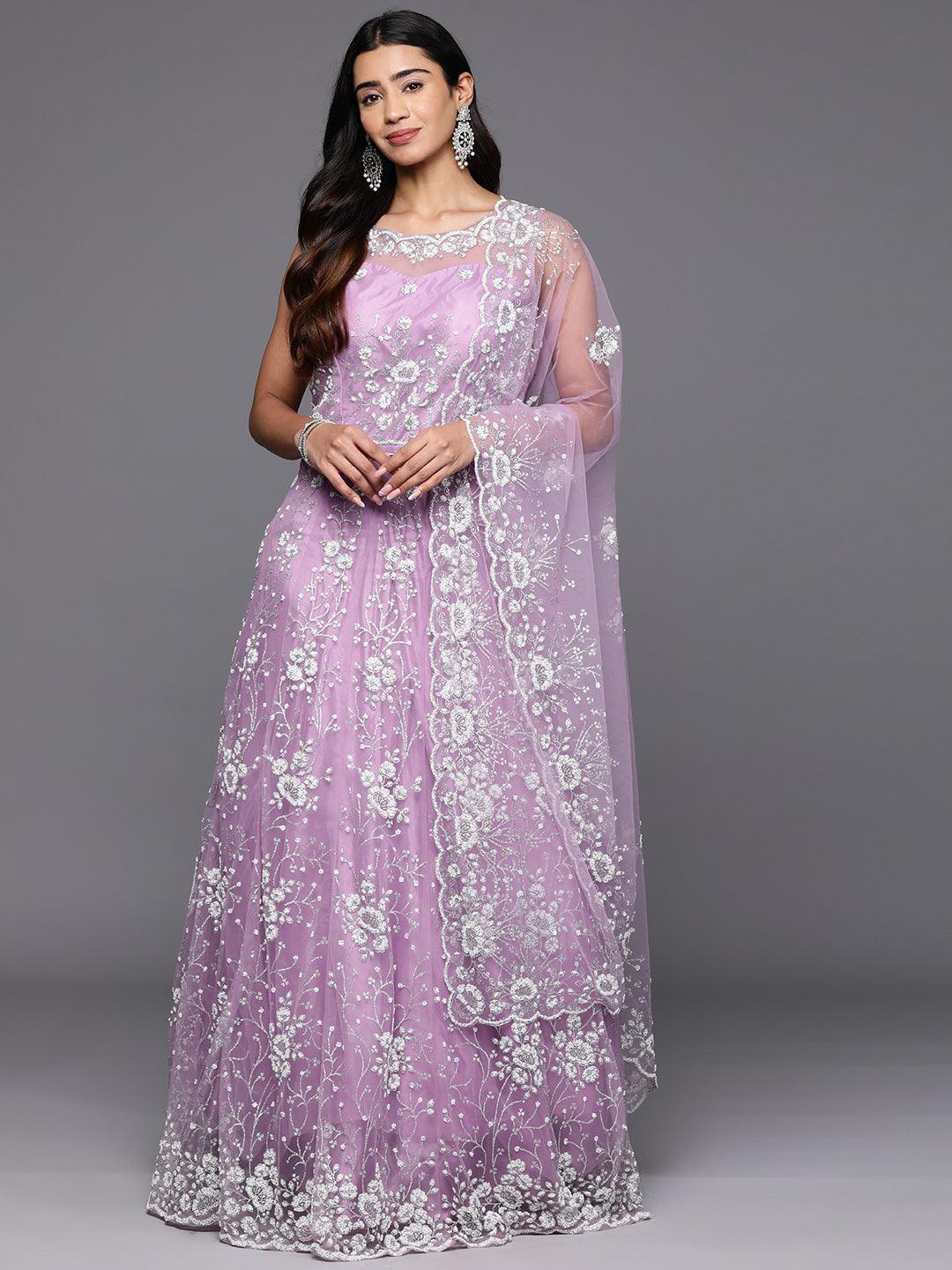 Libas Art Lavender Embellished Net Gown Dress With Dupatta