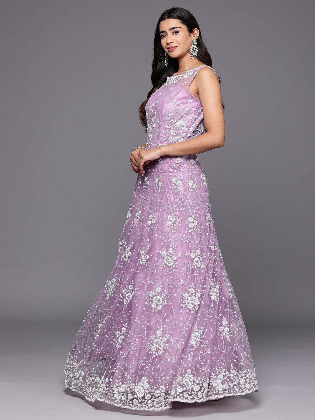 Libas Art Lavender Embellished Net Gown Dress With Dupatta