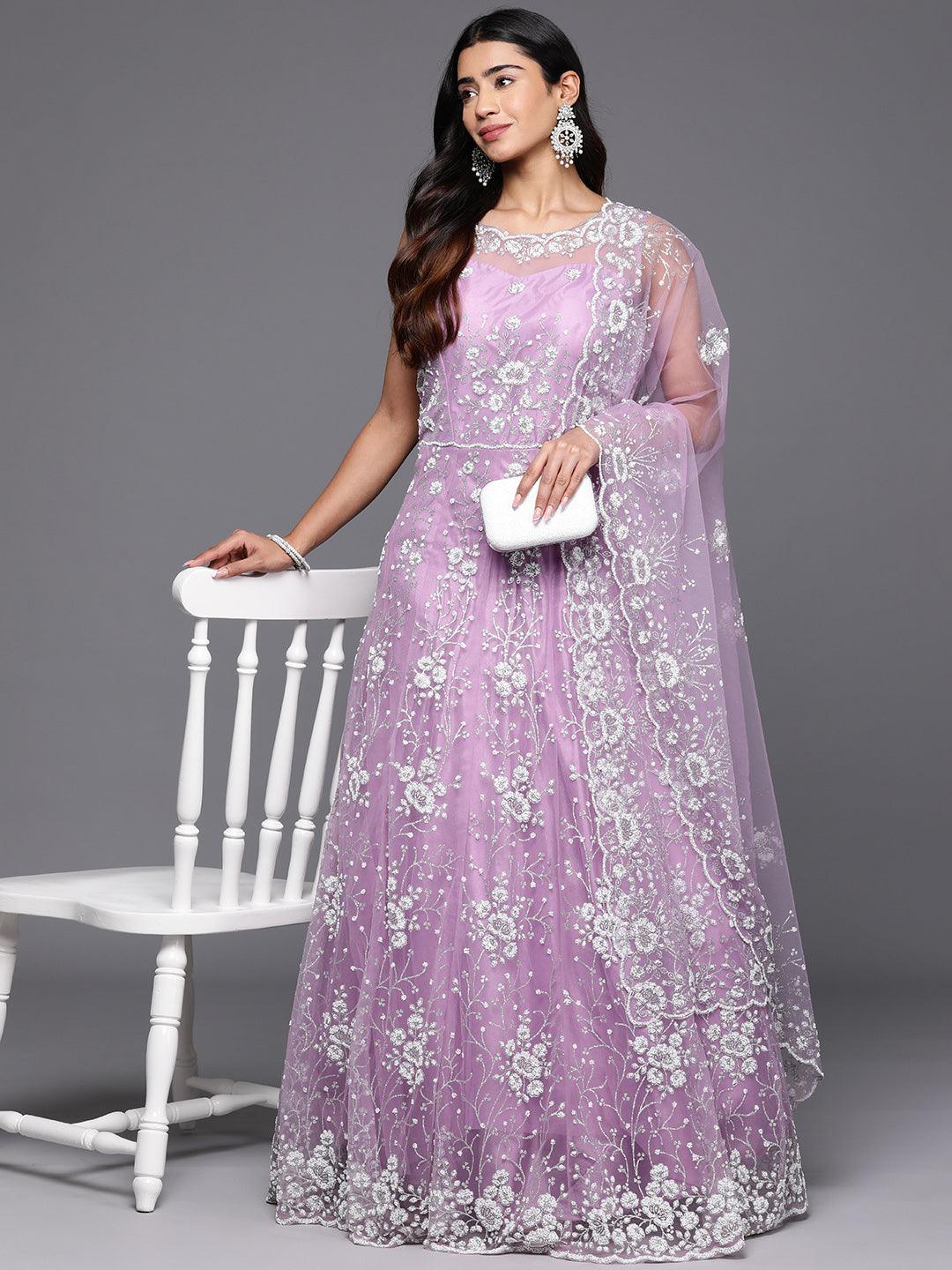 Libas Art Lavender Embellished Net Gown Dress With Dupatta