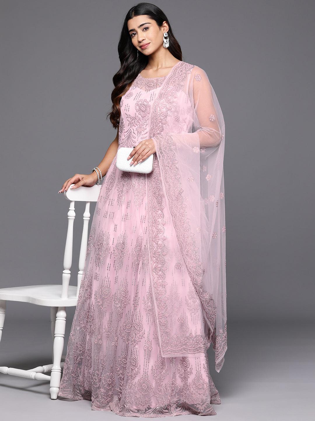 Libas Art Pink Embellished Net Gown Dress With Dupatta