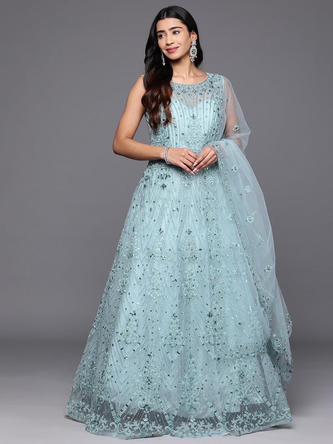 Libas Art Sea Green Embellished Net Gown Dress With Dupatta