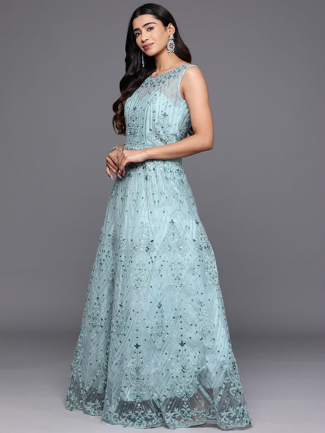 Libas Art Sea Green Embellished Net Gown Dress With Dupatta