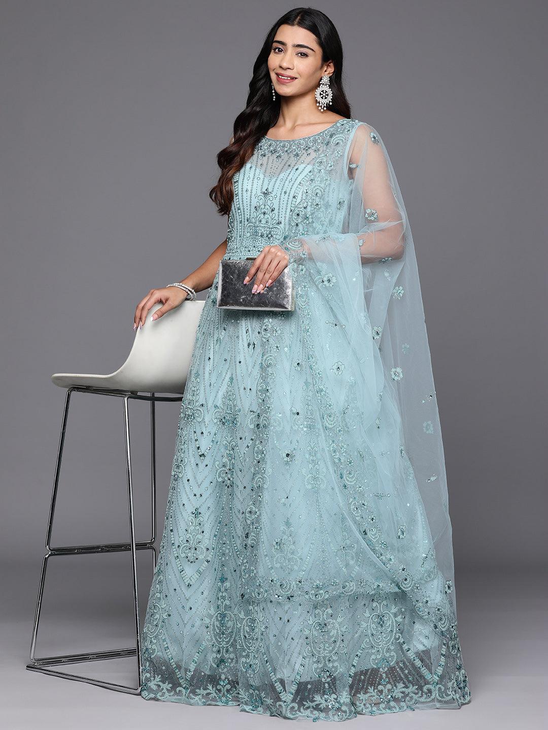 Libas Art Sea Green Embellished Net Gown Dress With Dupatta