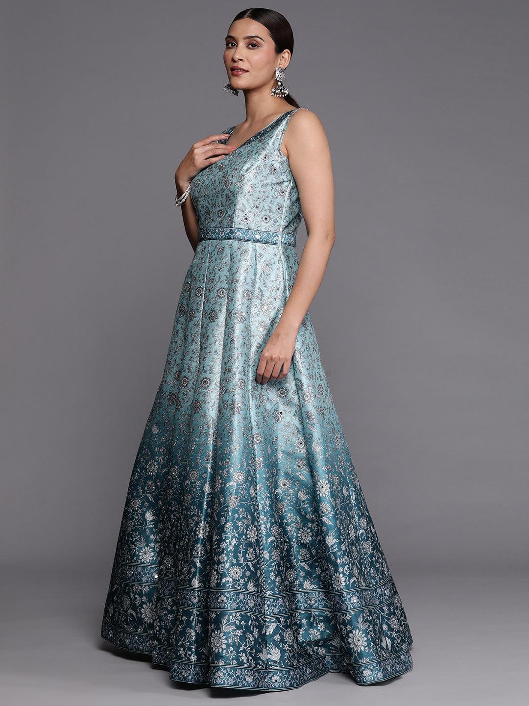 Libas Art Sea Green Printed Silk Gown Dress - ShopLibas