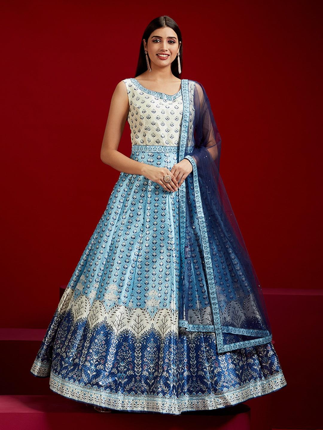 Libas Art Blue Printed Silk Gown - ShopLibas