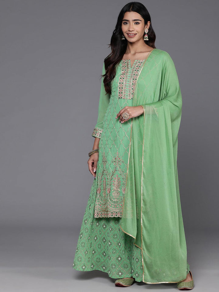 Green Embroidered Georgette Straight Kurta With Palazzos & Dupatta - ShopLibas