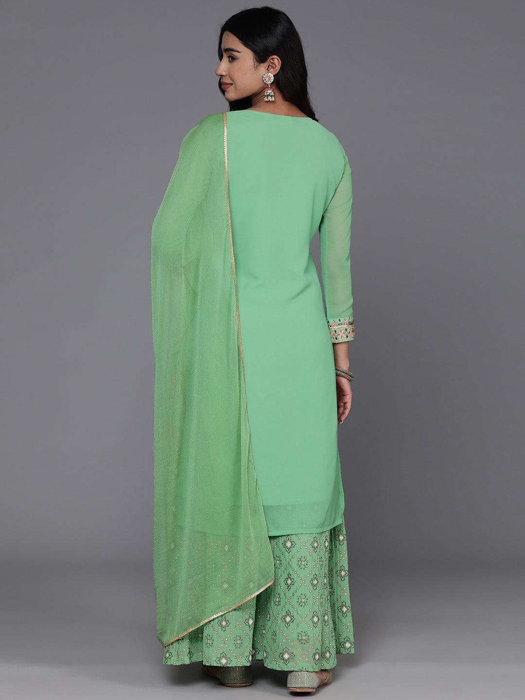 Green Embroidered Georgette Straight Kurta With Palazzos & Dupatta - ShopLibas