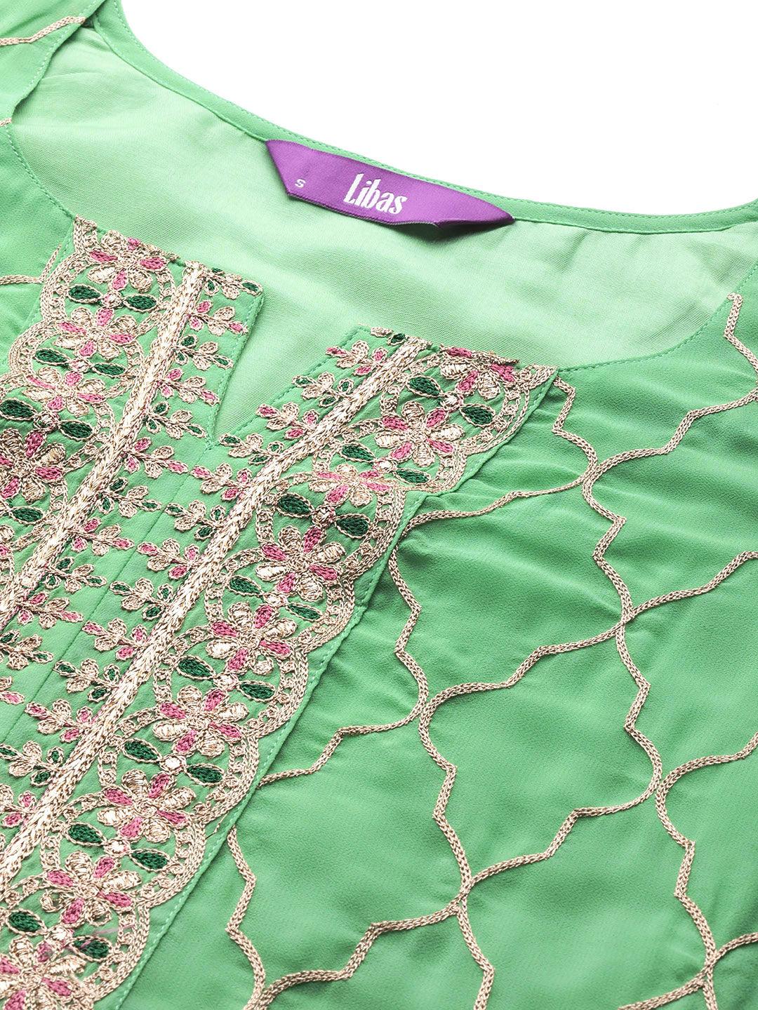 Green Embroidered Georgette Straight Kurta With Palazzos & Dupatta - ShopLibas