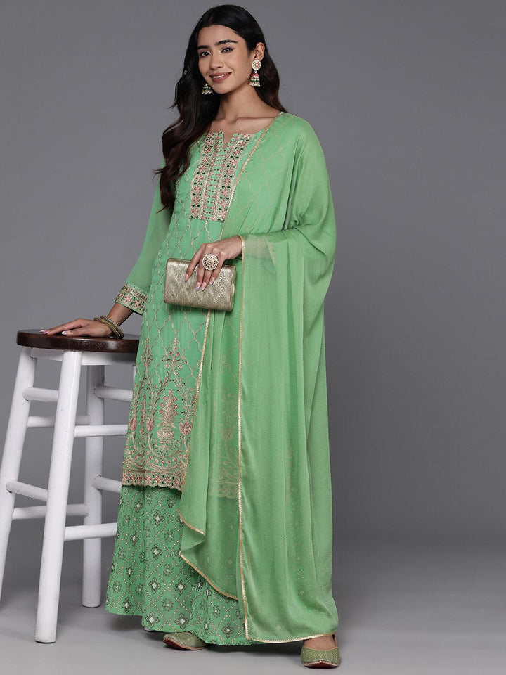 Green Embroidered Georgette Straight Kurta With Palazzos & Dupatta - ShopLibas