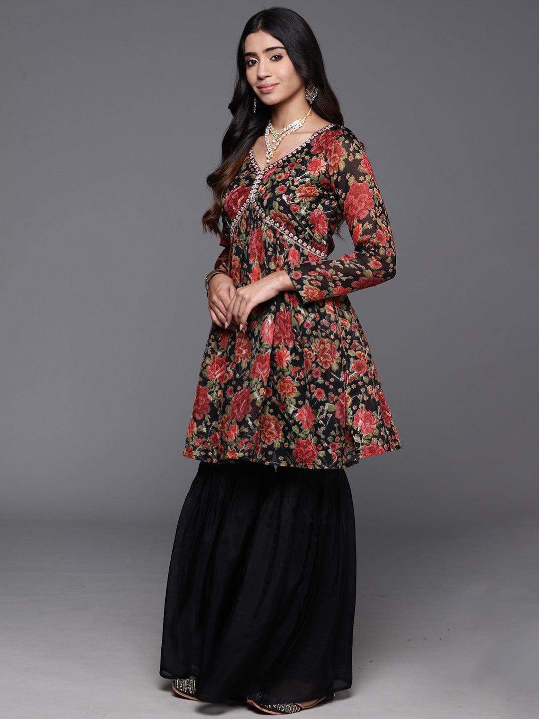 Black Printed Organza A-Line Kurta With Sharara & Dupatta - ShopLibas