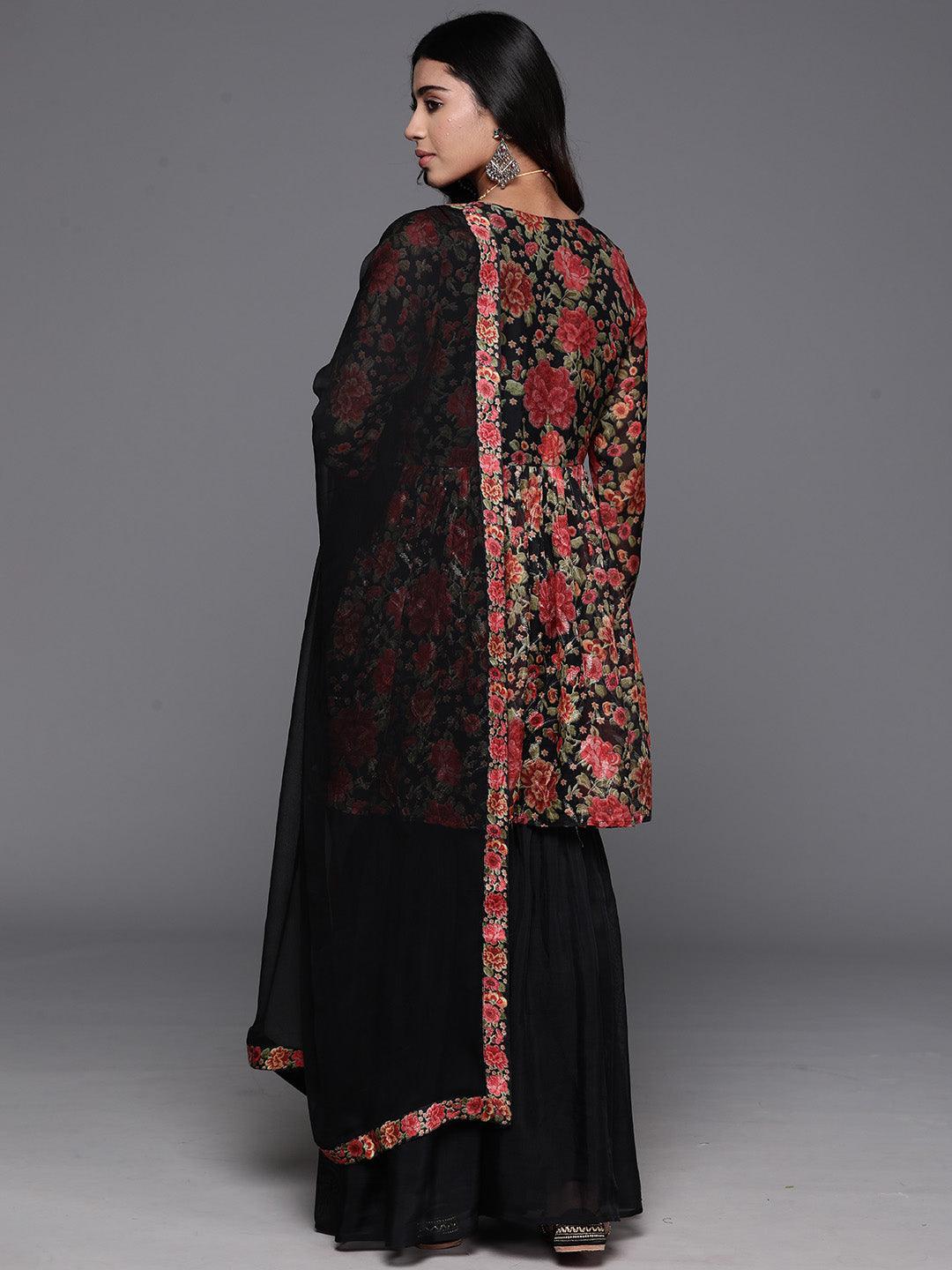 Black Printed Organza A-Line Kurta With Sharara & Dupatta - ShopLibas