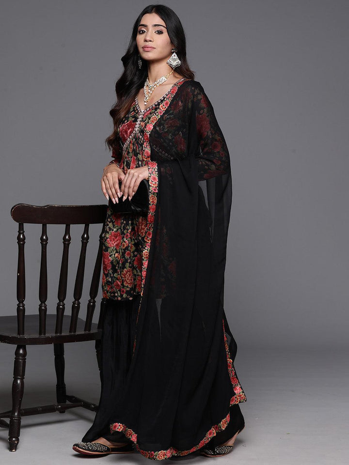 Black Printed Organza A-Line Kurta With Sharara & Dupatta - ShopLibas