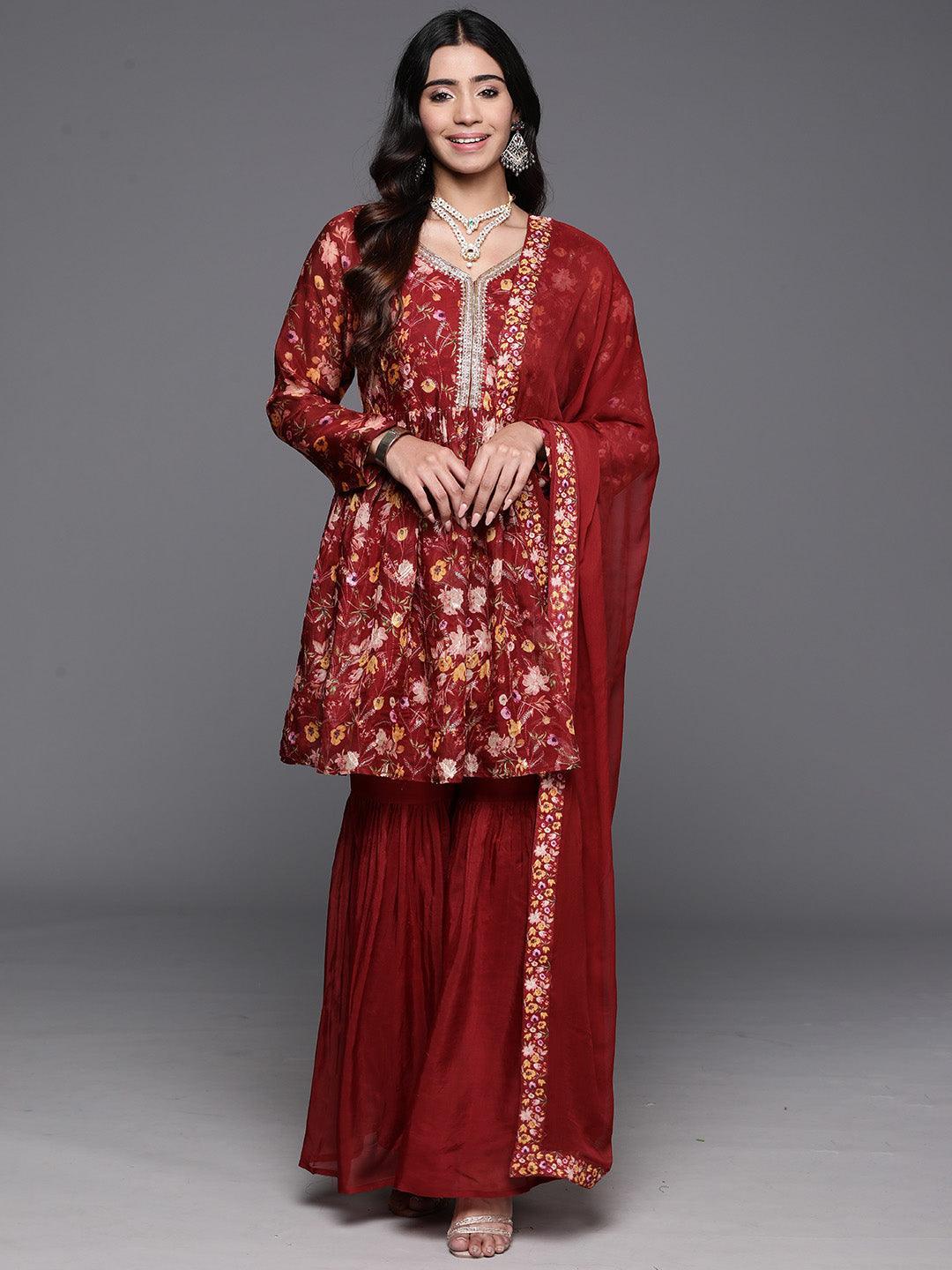 Maroon Printed Organza A-Line Kurta With Sharara & Dupatta