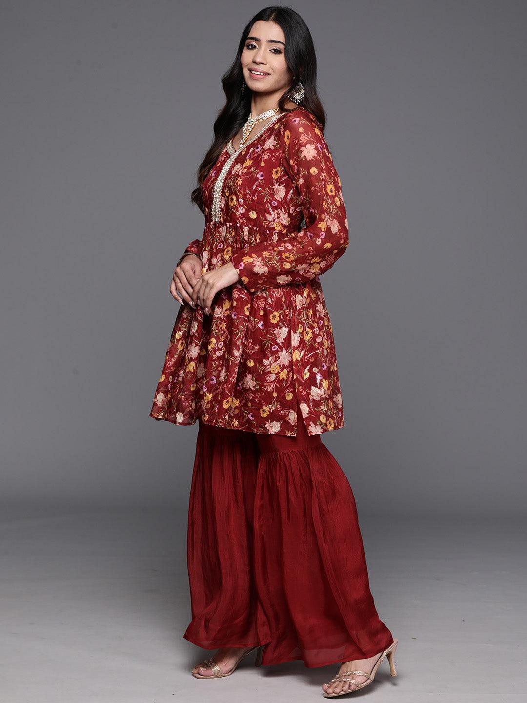 Maroon Printed Organza A-Line Kurta With Sharara & Dupatta