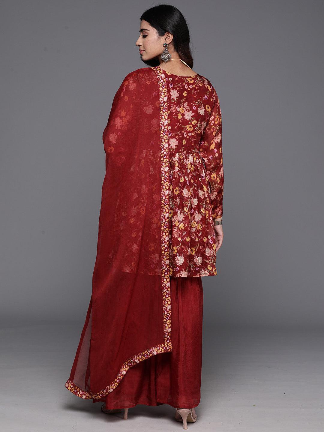 Maroon Printed Organza A-Line Kurta With Sharara & Dupatta