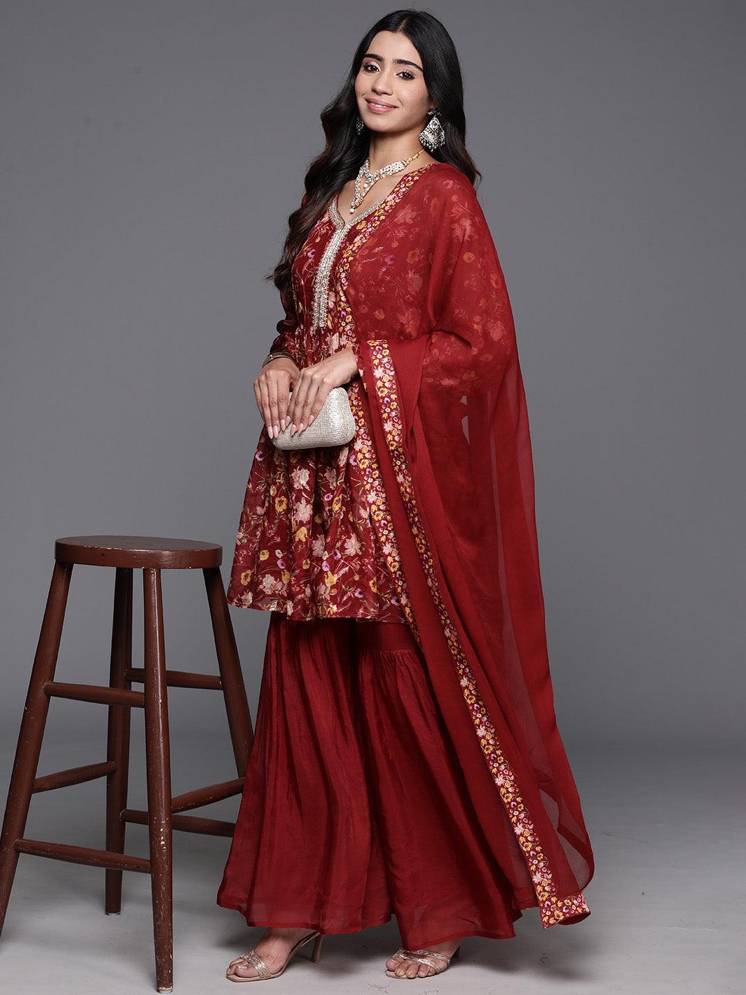 Maroon Printed Organza A-Line Kurta With Sharara & Dupatta