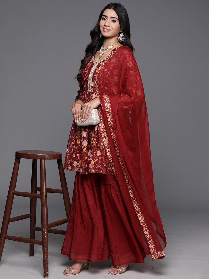 Maroon Printed Organza A-Line Kurta With Sharara & Dupatta - ShopLibas