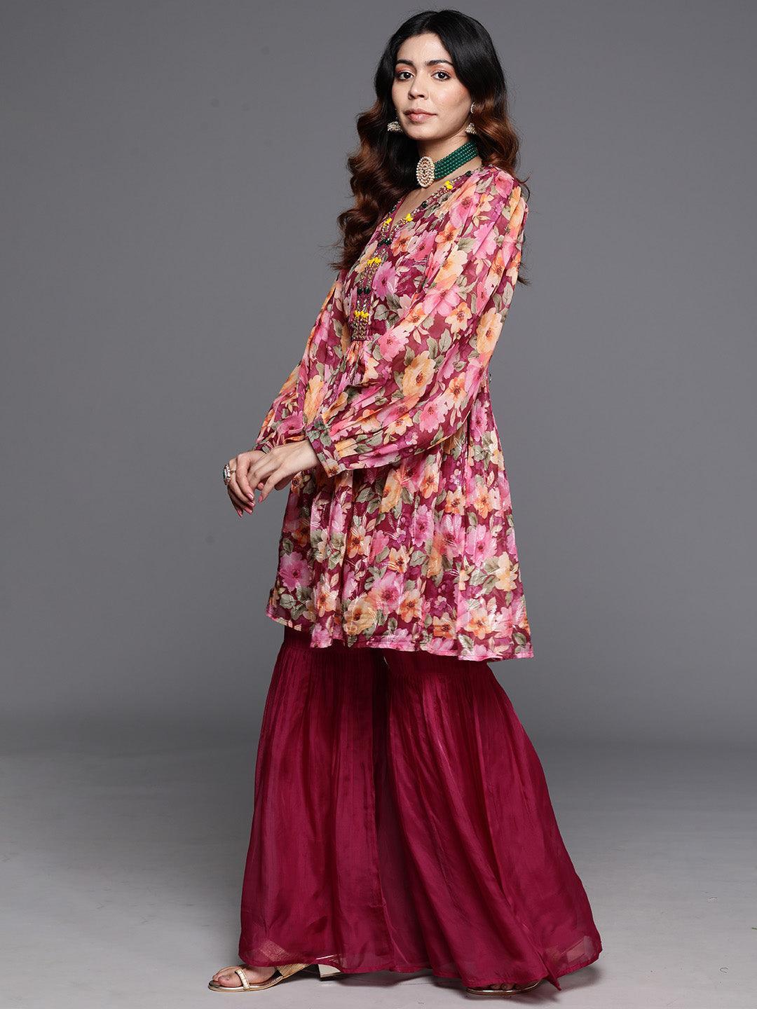 Maroon Printed Organza A-Line Kurta With Sharara & Dupatta - ShopLibas