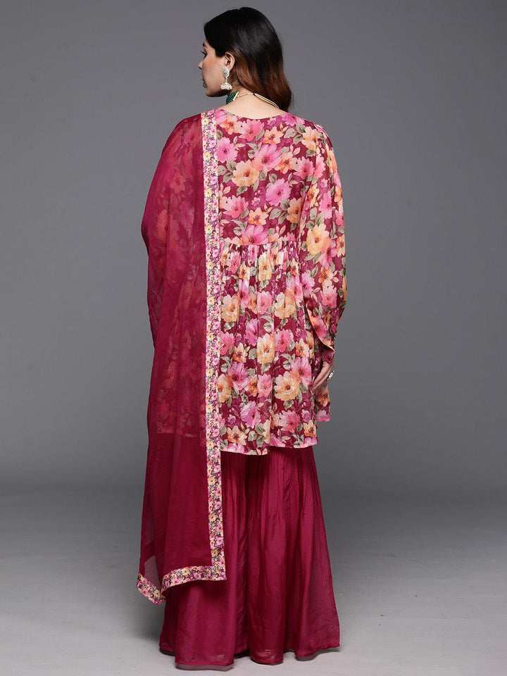 Maroon Printed Organza A-Line Kurta With Sharara & Dupatta - ShopLibas