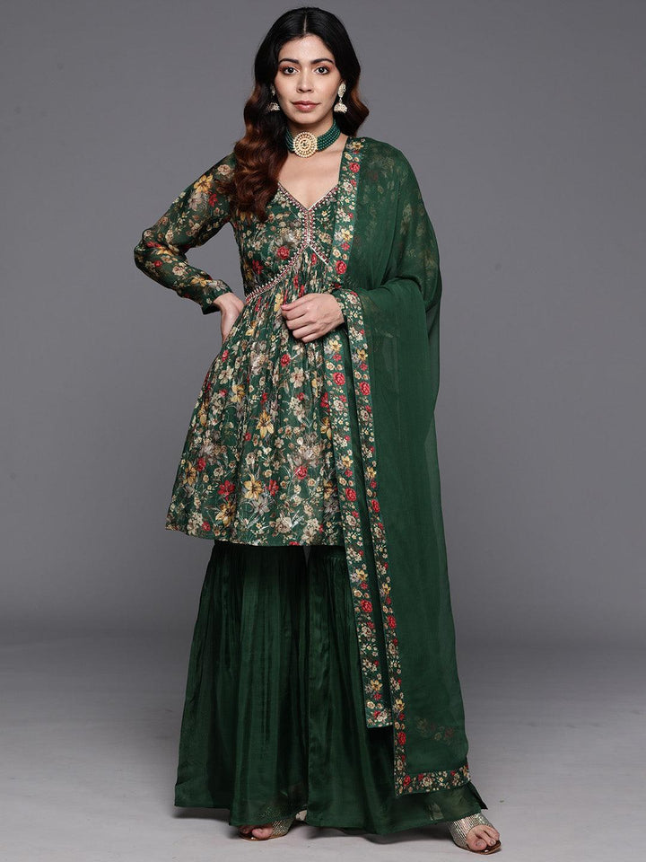 Green Printed Organza A-Line Kurta With Sharara & Dupatta - ShopLibas