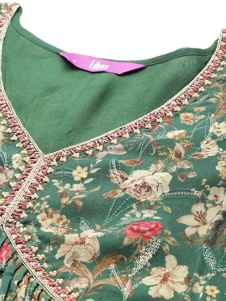 Green Printed Organza A-Line Kurta With Sharara & Dupatta - ShopLibas