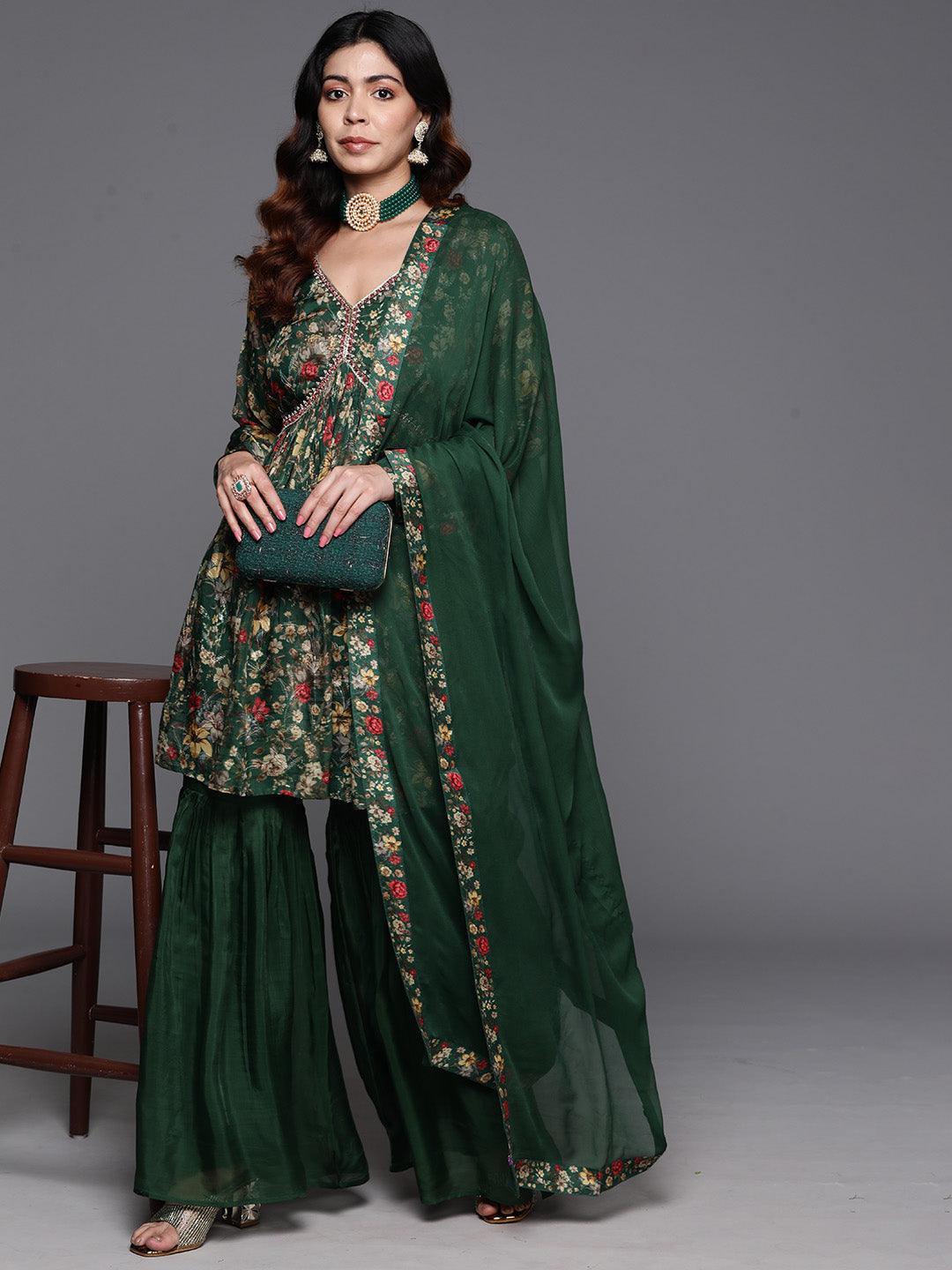 Green Printed Organza A-Line Kurta With Sharara & Dupatta - ShopLibas