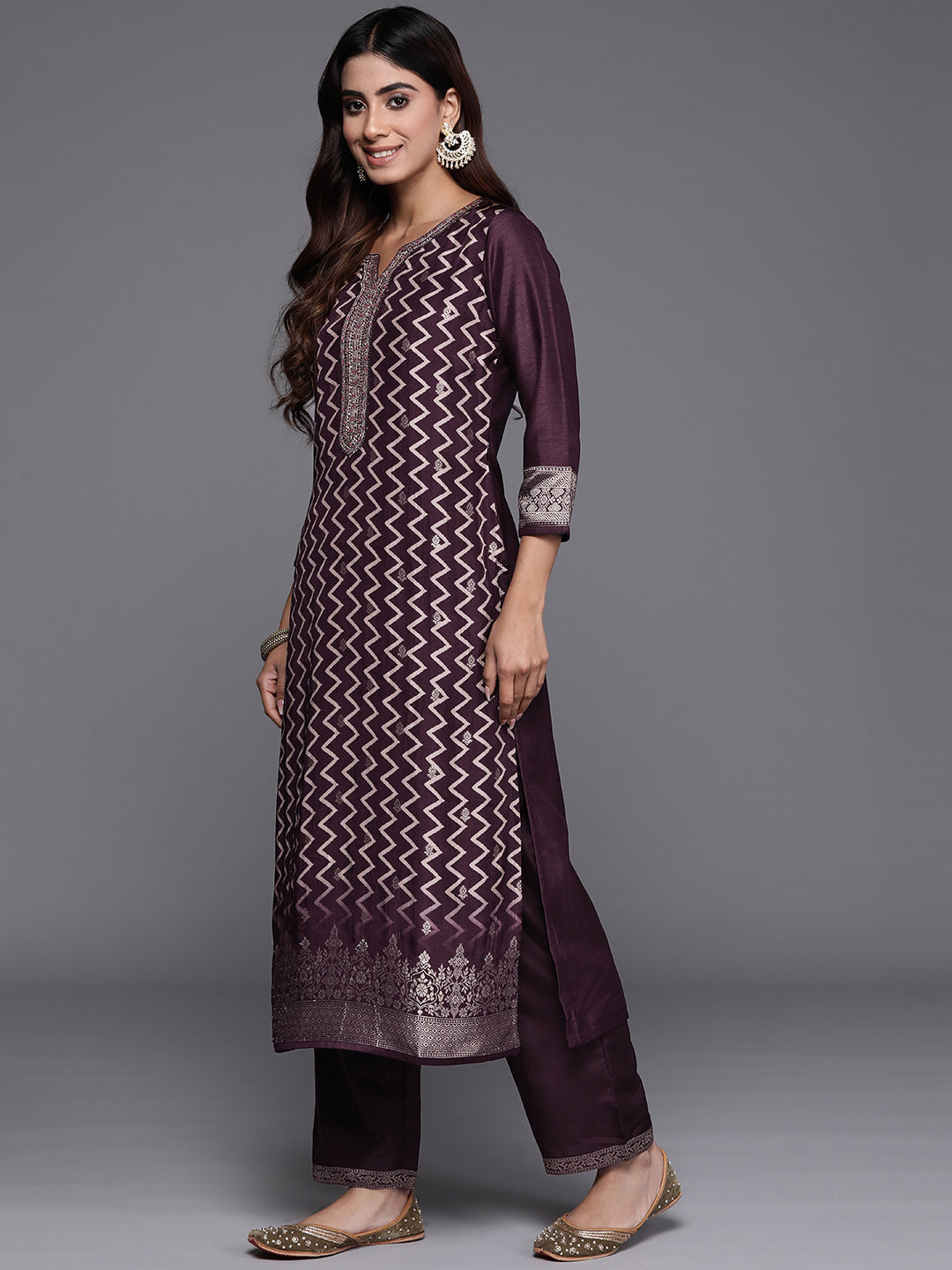 Wine Printed Silk Blend Straight Suit With Dupatta