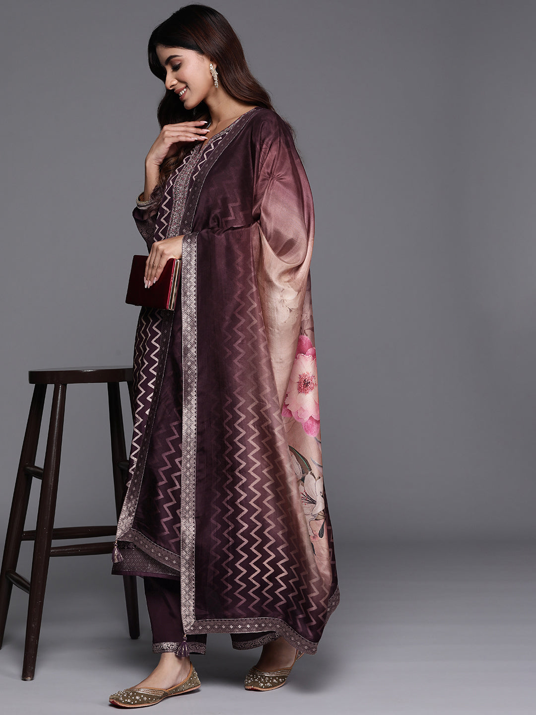 Wine Printed Silk Blend Straight Suit With Dupatta