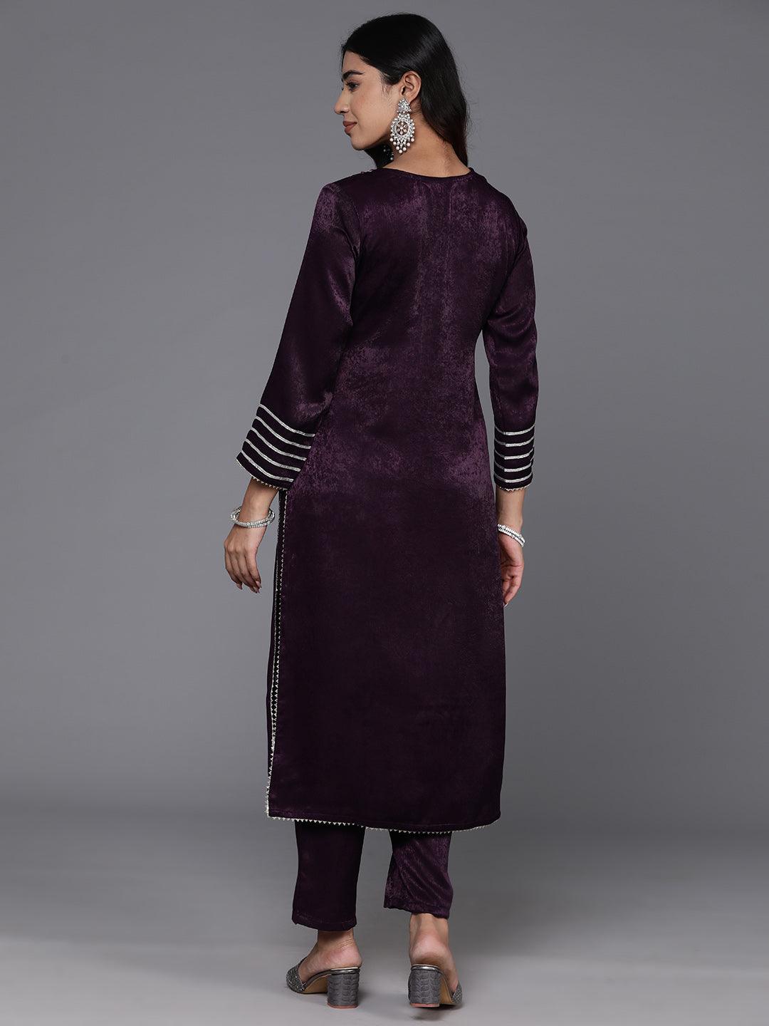 Wine Embroidered Polyester Straight Kurta With Trousers - ShopLibas