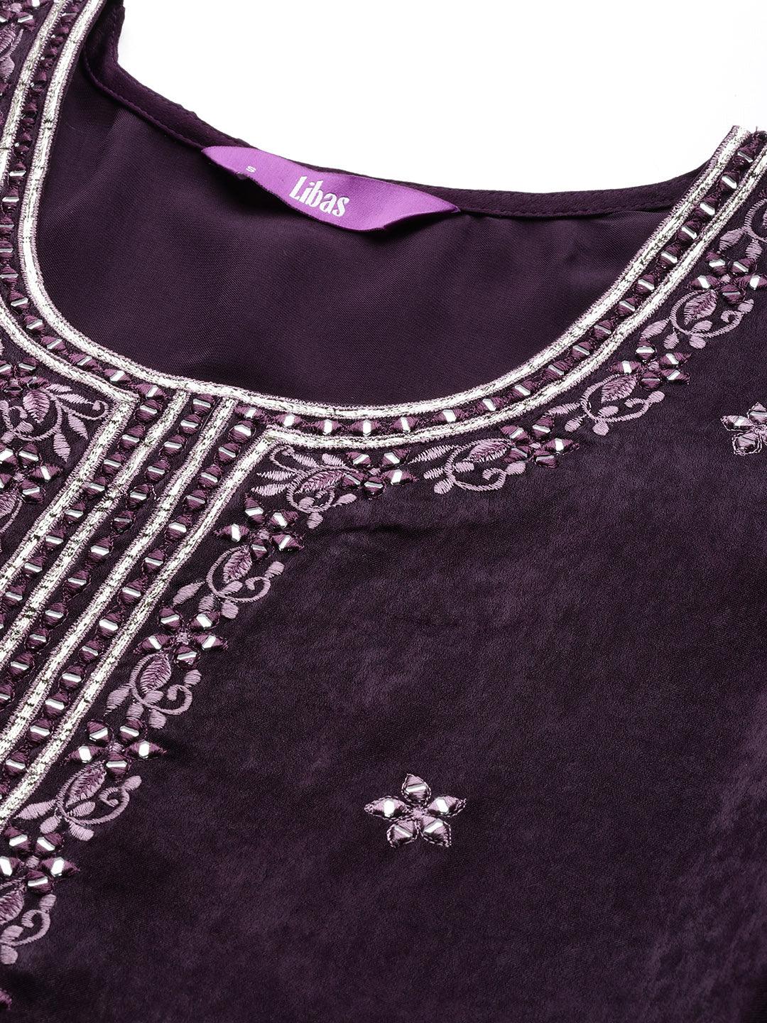 Wine Embroidered Polyester Straight Kurta With Trousers - ShopLibas