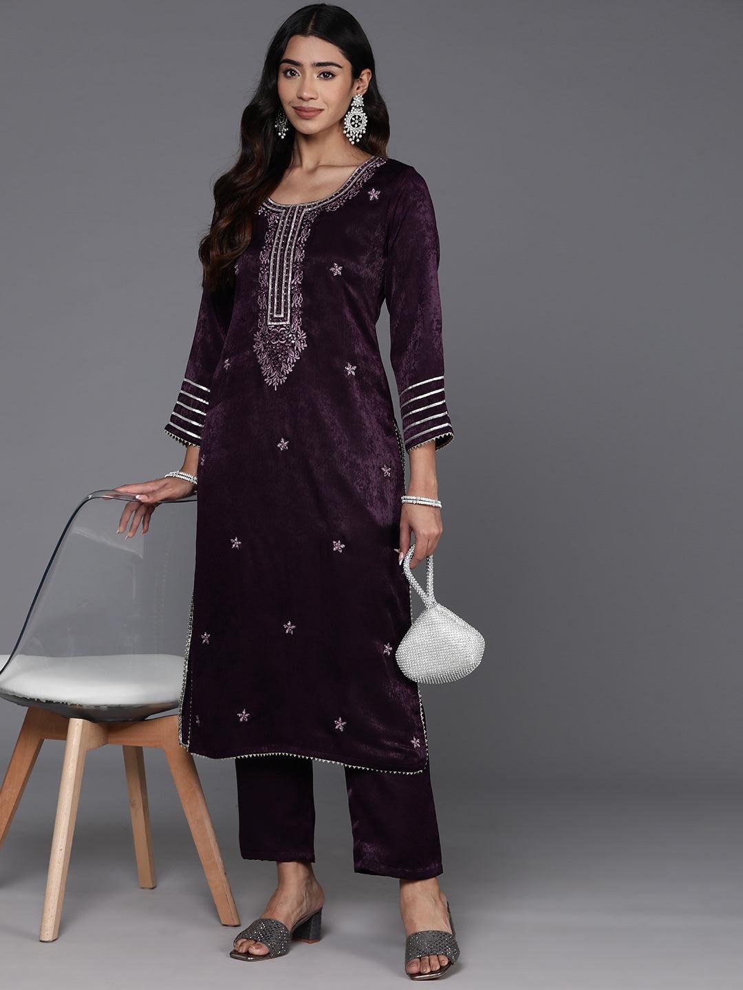 Wine Embroidered Polyester Straight Kurta With Trousers - ShopLibas