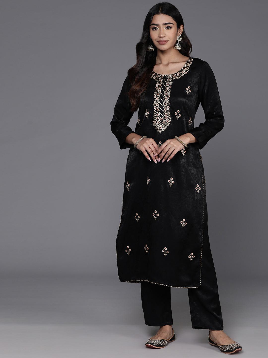 Black Embroidered Polyester Straight Kurta With Trousers - ShopLibas