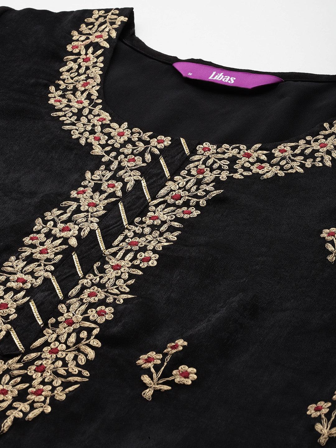 Black Embroidered Polyester Straight Kurta With Trousers - ShopLibas