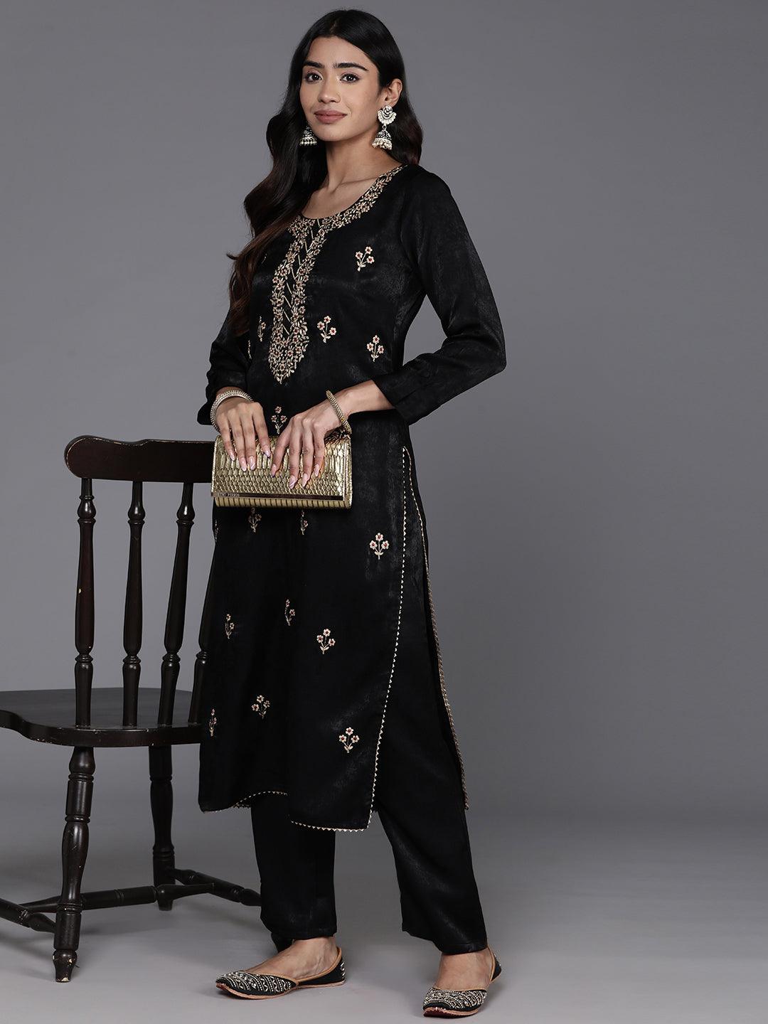 Black Embroidered Polyester Straight Kurta With Trousers - ShopLibas