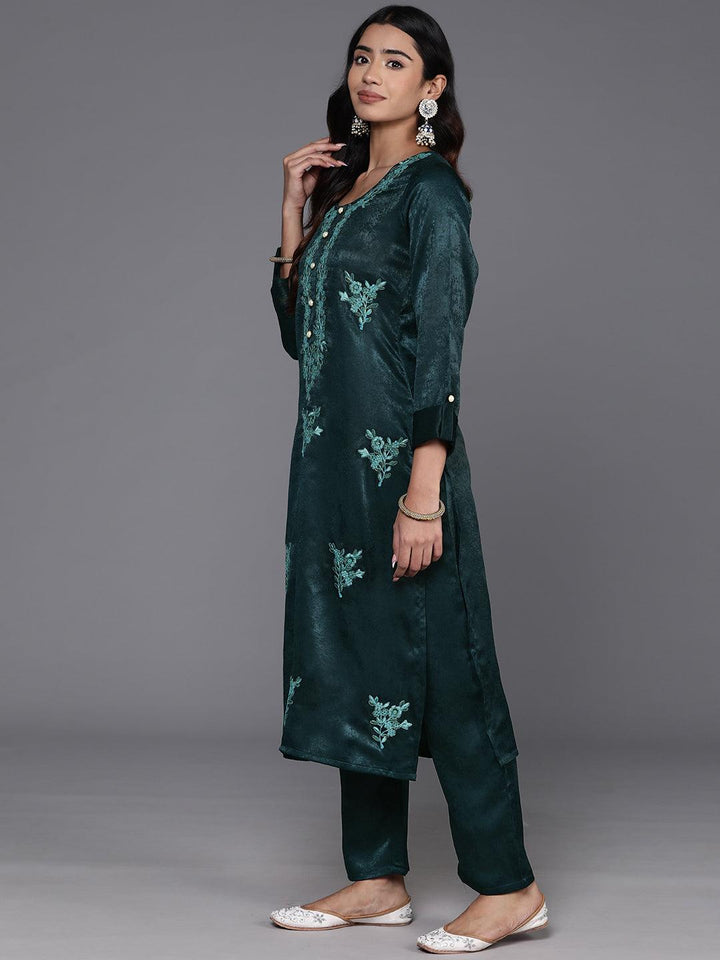 Teal Embroidered Polyester Straight Kurta With Trousers - ShopLibas