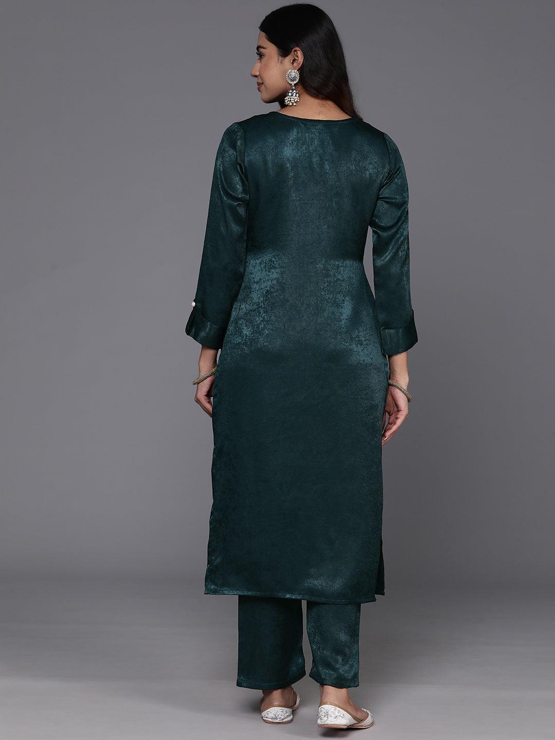 Teal Embroidered Polyester Straight Kurta With Trousers - ShopLibas