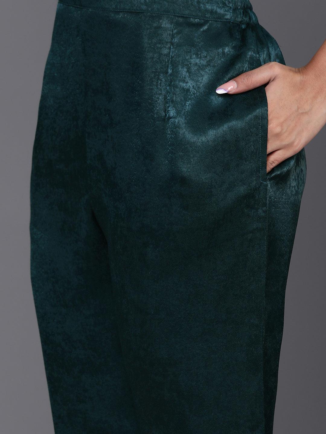 Teal Embroidered Polyester Straight Kurta With Trousers - ShopLibas