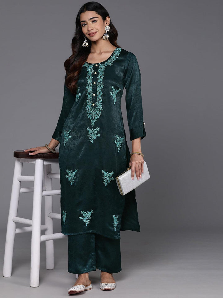 Teal Embroidered Polyester Straight Kurta With Trousers - ShopLibas