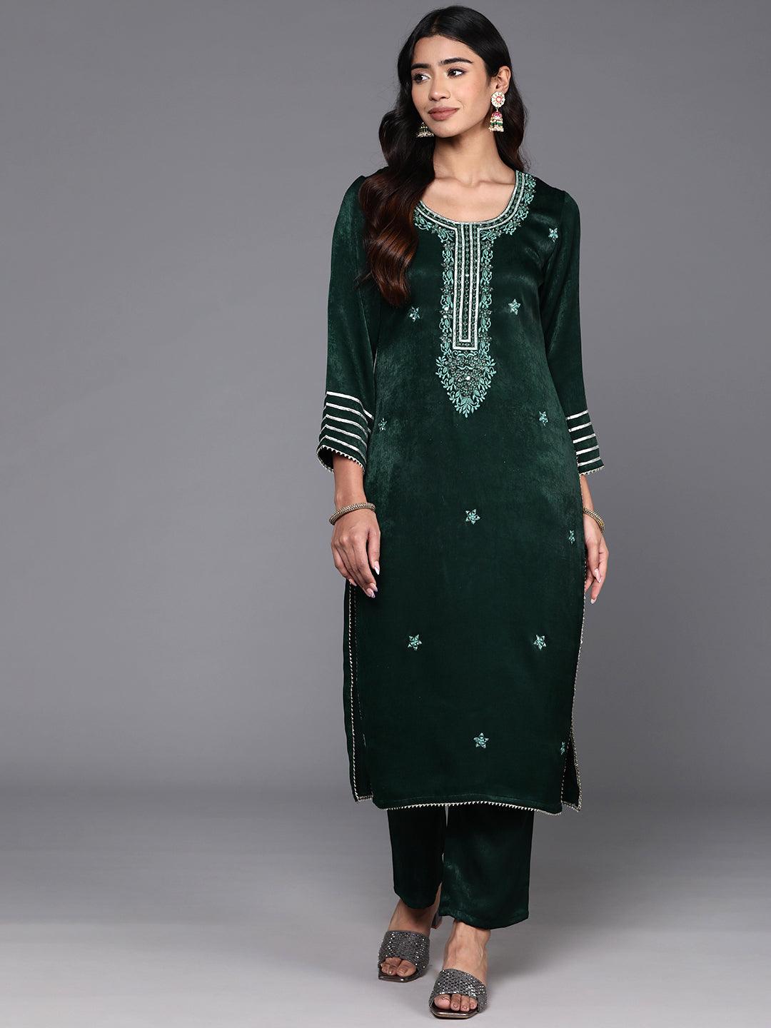 Green Embroidered Polyester Straight Kurta With Trousers - ShopLibas