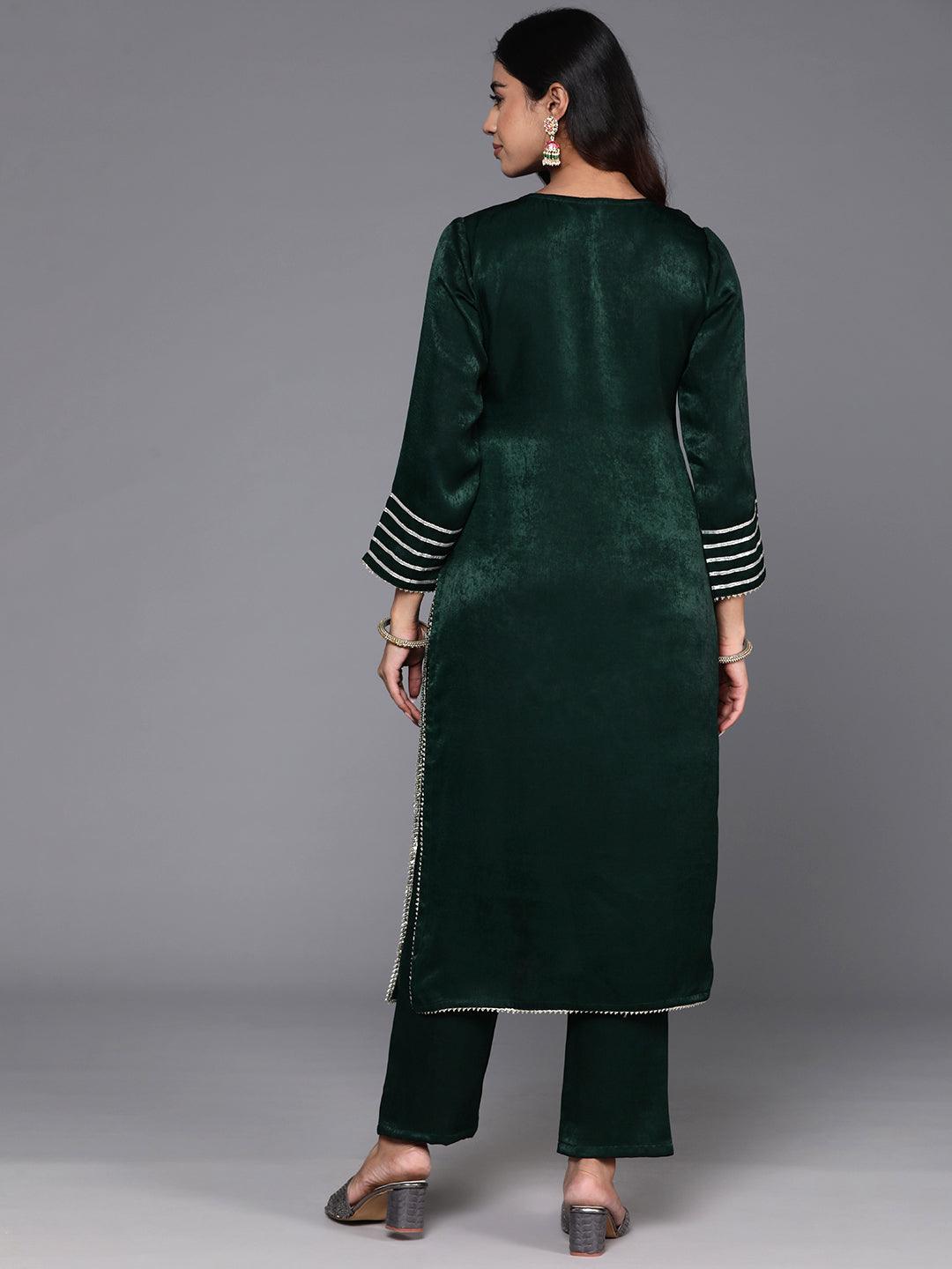 Green Embroidered Polyester Straight Kurta With Trousers - ShopLibas